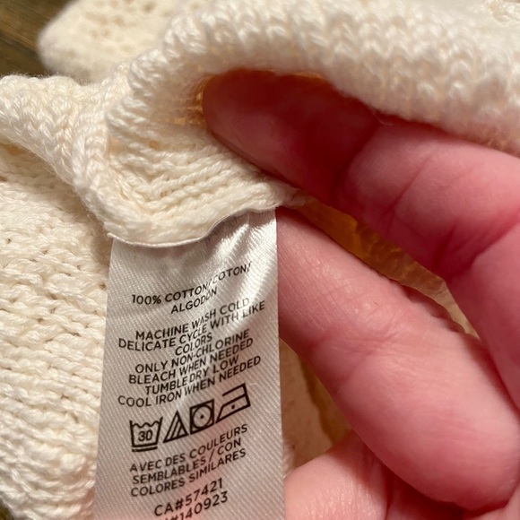 LOFT Dot Stripe Pointelle Ivory Cotton Sweater Size L Scalloped Detail Crewneck - Picture 8 of 9